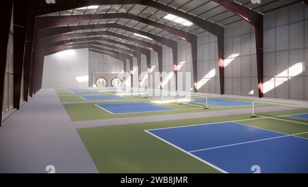 Indoor Pickleball Court im Lagergebäude in Grün und Blau Stockfoto