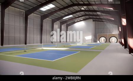 Indoor Pickleball Court im Lagergebäude in Grün und Blau Stockfoto