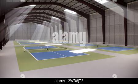 Indoor Pickleball Court im Lagergebäude in Grün und Blau Stockfoto