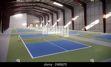 Indoor Pickleball Court im Lagergebäude in Grün und Blau Stockfoto