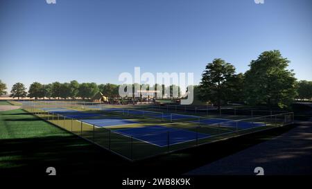 Outdoor Pickleball Court Sport 3D Rendern Landschaftsarchitektur Visualisierung Stockfoto