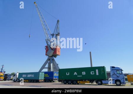 Rotterdam, Niederlande - 27. Mai 2017: Hafen- und Containerterminal mit großem Kran, der Fracht von Schiffen auf LKW überträgt Stockfoto