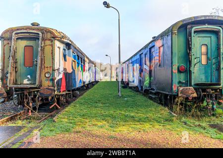 As, Limburg, Belgien. Dezember 2023. Vorderansicht der Pkw auf zwei stillgelegten Gleisen des alten Bahnhofs, in verschiedenen Farben gemalt, Gras Stockfoto