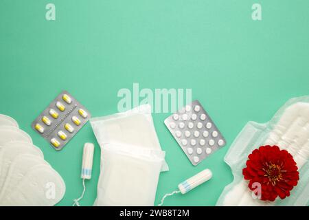 Draufsicht auf Menstruationspads, Tampon und Pillen bei Periodenschmerzen mit roter Blume auf minzfarbigem Hintergrund. Draufsicht Stockfoto