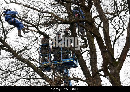 Räuming des Aktivisten-Camps im Fechenheimer Wald 18.01.2023 Frankfurt Räuming des Aktivisten-Camps im Fechenheimer Wald an der Borsigallee.im Bild: Polizisten und Kräfte der Spezialeinheit SEK räumen das Kamp, holen Aktivisten aus Baumhäusern und von Bäumen. Frankfurt Frankfurt Hessen Deutschland *** Räumung des Aktivist-Lagers im Fechenheimer Wald 18 01 2023 Frankfurt Räumung des Aktivist-Lagers im Fechenheimer Wald auf der Borsigallee im Bild Polizeibeamte und Streitkräfte der Sondereinheit SEK räumen das Lager, bringen Sie Aktivisten aus Baumhäusern und aus Bäumen Frankfurt Hessen Ger Stockfoto