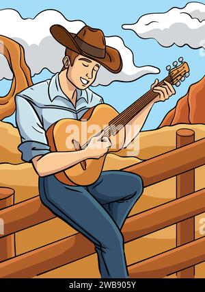 Cowboy Spielt Gitarre Farbige Cartoon Illustration Stock Vektor