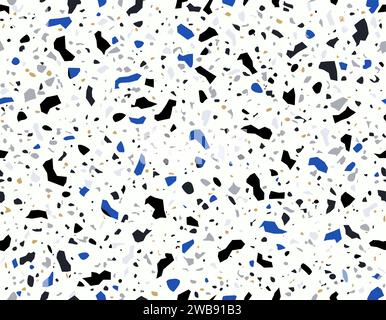 Blaues, schwarzes, weißes und graues Terrazokeramik-Fliesenmuster von hellblauem Terazo-Mosaik, Vektorhintergrund. Terrazzo-Marmorboden-Textur abstrakter Mosaiksteinformen in nahtlosem Muster Stock Vektor