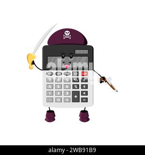Cartoon Rechner Schule liefert Piraten und Korsair Charakter. Das isolierte Vektorzählwerkzeug Captain Calc mit Pistole, Schädel und Kreuzknochen macht mathematische Abenteuer unterhaltsam Stock Vektor