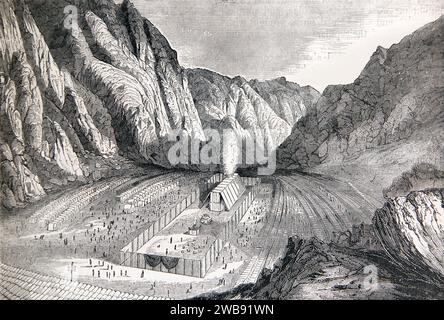 Illustration der allgemeinen Ansicht des Lagergerichts und des Tabernakels mit dem Brandopferaltar in der Wildnis (Exodus) Stockfoto