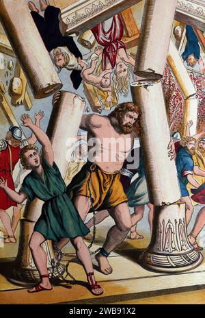 Israel Selbstmord an Samson, indem er die beiden Säulen des Tempels von Dagon ergreift und sie aus der Bibel des 19. Jahrhunderts auf den Altar des Hausheims schiebt Stockfoto