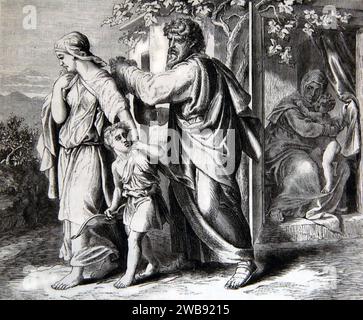 Illustration von Abraham, der Hagar und seinen Sohn Ismael aufgibt, während seine Frau Sarah und sein Sohn Isaac sich ansehen (Genesis) Stockfoto