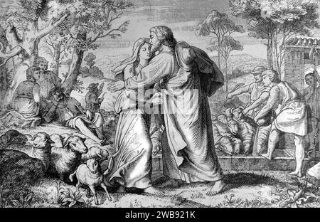 Illustration von Jacob trifft Shepherd Rachel am Brunnen von Haran Stockfoto