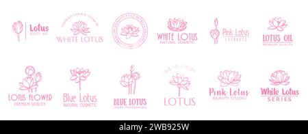 Lotusblume Minimal Emblem, Extrakt und Kosmetik. Elegantes Embleme-Set mit isolierten Vektoren, die Reinheit symbolisieren, ideal für Kosmetik- und Hautpflegemarken, die das Wesen natürlicher, strahlender Schönheit einfangen Stock Vektor