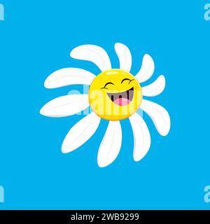 Cartoon Kamille, Gänseblümchenfigur mit fröhlicher Gesichts-Emotion. Isolierter Vektor positives Comic grooviges Kamillenemoticon, lustiges Blütenemoji. Niedliche Blumenfigur mit fröhlichem, lächelndem Ausdruck Stock Vektor