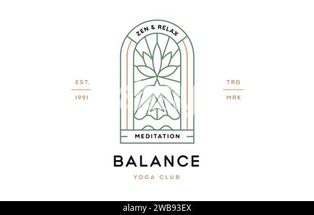 Yoga Meditation Relax Club Label. Minimalistische Strichart-Logo-Vorlage. Einfaches, modernes Design mit grafischer Yoga-Meditation Relax Club-Abzeichen. Symbol Linie Symbol Yoga Meditation Zeichen. Vektorabbildung Stock Vektor