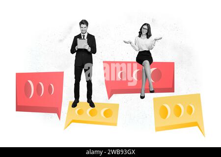Kreative Collage Bild Illustration Schwarzweiß Filter zwei schöne glückliche Lächeln junge Frau Mann Teamarbeit Kollegen Arbeit Sprechen Banner Stockfoto