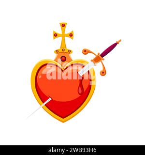 Mexiko heilig durchbohrt von Schwert Herz Retro Aufkleber oder Zeichentricksymbol. Mexikanische spirituelle Kleidung Druck oder christliche Religion Liebe Symbol Tattoo, Herz durchbohrt mit Stiletto, tropfende Blut Vektor Symbol Stock Vektor