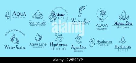 Aqua Minimal Embleme, Hyaluron- und Wasserkosmetik, sauber, erfrischend und feuchtigkeitsspendend. Isolierter Vektorsatz mit linearen Etiketten, verkörpert die Essenz von Kosmetikprodukten, reine Hydration für strahlende Haut Stock Vektor