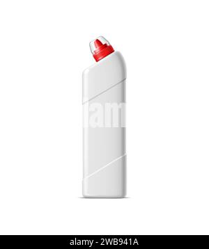 Realistische Toilettenreiniger Flüssigwaschmittelflasche, Vektor Haushaltsreinigungsproduktbehälter Modell. 3d leere weiße Kunststoff-Winkelflasche mit WC-Schüssel, Bad und wc-Desinfektionsmittel Stock Vektor