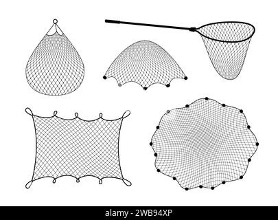 Fischnetz, isoliertes Fischnetz und Fischschaufel. Isoliertes 3D-Vektor-realistisches Mesh-Werkzeug zum Fangen, während ein Überspringen ein Handgerät zum sicheren Übertragen von Fischen von einem Behälter in einen anderen oder Wasser ist Stock Vektor
