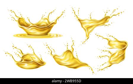 Ölspritzer. Motoröl, Saft und Bier wirbeln. Isolierte, realistische 3D-Vektor-gelbe, glitzernde Tropfen mit spritzenden Tropfen in Bewegung. Flüssiger Honig, Getränke, Nektar oder Kraftstoffflüssigkeiten, die in der Luft erfasst werden Stock Vektor