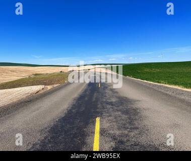 Eine leere zweispurige Straße erstreckt sich in die Ferne, die von einem üppigen grünen Feld begrenzt wird Stockfoto