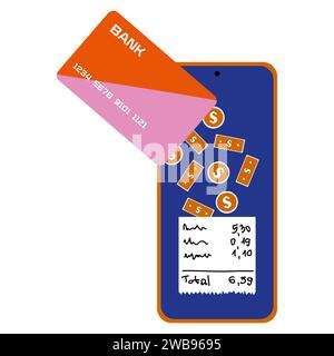Vektor-Smartphone mit Bankkarte, Münzen, Schein und Brieftasche auf weißem Hintergrund. Isoliertes Banner-Konzept für Online-Werbung, E-Commerce, Shopping, A Stock Vektor