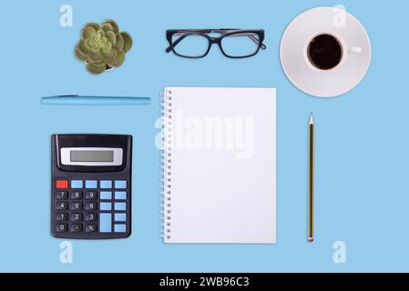 Tasse Kaffee, Notizbuch, Stift, Gläser und weißes leeres Blatt auf grünem Hintergrund. Flache Liege ohne Leute. Ansicht von oben. Die Finanzkontrollen Stockfoto