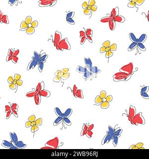 Vektor nahtloses buntes Muster mit Blumen und Schmetterlingen weißem Hintergrund Stock Vektor