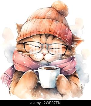 Katze im Turban mit einer Tasse Kaffee Aquarell auf weiß Stock Vektor