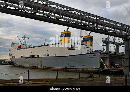 Das „Celestine“ Roll-on-Roll-off-Frachtschiff, eingerahmt von modernen Hochdruckdampfrohren und den alten Hafenketten am Brocklebank Dock in Liverpool Stockfoto