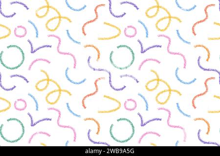 Wellige und wirbelnde Pinselstriche malen nahtloses Muster des Vektors. Handgezeichnet, gekrümmt blau, rosa, grün, orange, rot, gelbe, lila, violette Linien mit grun Stock Vektor