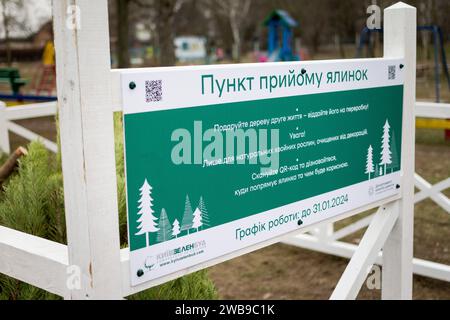 KIEW, UKRAINE - 09. JANUAR 2024 - Sammelstelle für den Weihnachtsbaum für das ökologische Recycling an der Ecke Symyrenko und Hryhorovych-Barskyi Straßen Stockfoto