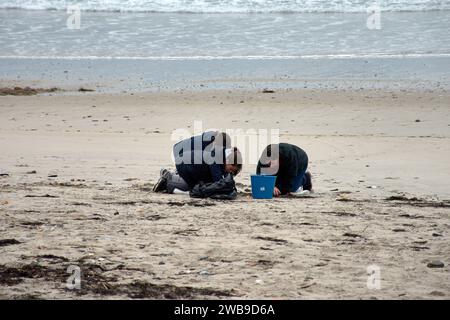 Zahlreiche Freiwillige gingen an die Strände von Galicien, um Plastikgranulat zu sammeln, das auf ein Boot gefallen war, mit einfachen Werkzeugen wie Trichtern, Sieben, Stockfoto