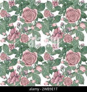 Nahtloses Muster mit zarten rosa Rosen und grünen Blättern im Vintage-Stil. Aquarellabbildung. Internationaler Frauentag. Vorlage für Postkarte Stockfoto