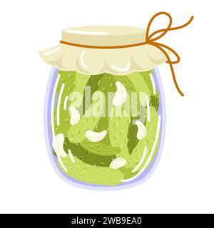 Hausgemachte eingelegte Gurke mit Knoblauch im Glas in flacher Ausführung. Marinierte Speisen für die Speisekarte, Lebensmittelgeschäft. Fermentiertes Gemüse, knusprige Gurke mit Salz. Vektor Stock Vektor