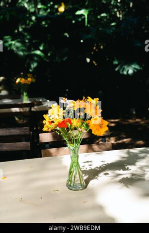 Sommerparty im Freien. Sommer oder Frühling schöner Garten mit Gänseblümchen. Ein gelber Blumenstrauß in einer transparenten Vase auf dem Tisch. Stillleben Sie Stockfoto