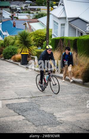 Ein männlicher Straßenradfahrer kämpft um die Baldwin Street, Dunedin, die steilste Straße der Welt. Stockfoto