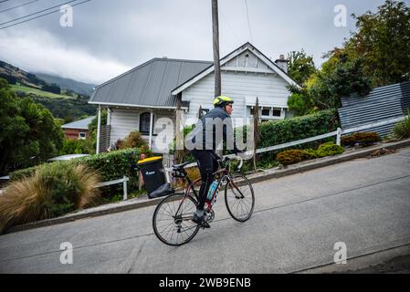 Ein männlicher Straßenradfahrer kämpft um die Baldwin Street, Dunedin, die steilste Straße der Welt. Stockfoto