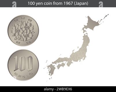 Japanische Yen-Münze, 100 Yen-Münze. Rückseite und Vorderseite der japanischen 100-Yen-Münze, isoliert auf dem Hintergrund einer Karte von Japan. Stock Vektor