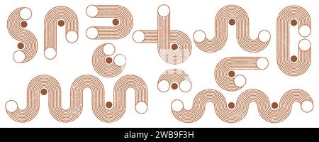 Geometrische Linien Zen-Muster. Abstrakte Bögen und Formen. Gleichgewichtszahlen mit linearen Umrisslinien. Nordische Boho minimale organische Zeichnungen und Stock Vektor