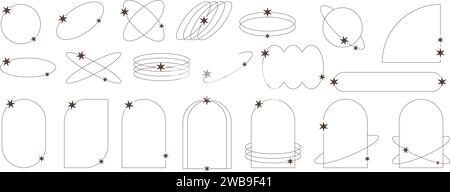 Ästhetische Rahmen und Formen mit Sternen. Grafikdesign mit minimaler Y2K-Kontur und Glitzereffekt. Abstrakte Bogenränder. Trendiges geometrisches Boho-Vorlagenset Stock Vektor