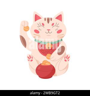 Japanische Glückskatze mit goldenen Münzen. Maneki Neko bringt Reichtum und Glück Cartoon Vektor Illustration Stock Vektor