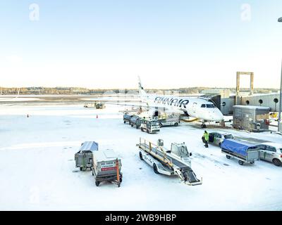 Das Finnair-Flugzeug wird mit Frachtcontainern an den Flugsteigen des Flughafens beladen Stockfoto