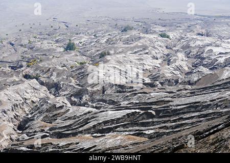 Mount Bromo Vulkan während der Nebelsaison und Wolkensaison. Mount Penanjakan im Bromo Tengger Semeru Nationalpark, Ost-Java, Indonesien. Stockfoto