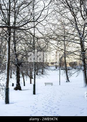 Eine schneebedeckte Bank in einem Park in Helsinki, Finnland im Januar Stockfoto