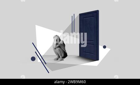 Zeitgenössische Kunstcollage. Junge müde, Frau in Apathie, die das Gesicht mit ihren Händen in der Nähe der Tür bedeckt, symbolisiert Angst vor neuen Dingen, Gesellschaft Stockfoto