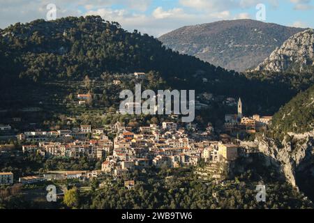 Peille, hübsches mittelalterliches Dorf auf dem Berg im Departement Alpes-Maritimes, Südostfrankreich Stockfoto