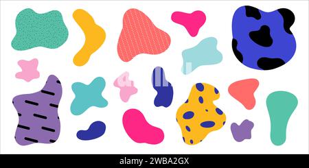 Vektor-Illustration mit bunten gekrümmten, Doodle Freeforms. Abstrakte, strukturierte Blob-Amöben auf weißem Hintergrund Stock Vektor