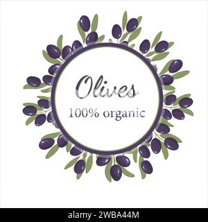 Schablone mit schwarzen Oliven für Banner- oder Etikettendesign. Schwarzer Olivenzweig. Etikett oder Logo für schwarze Oliven. Olivenzweig mit Blättern und Oliven. Vecto Stock Vektor